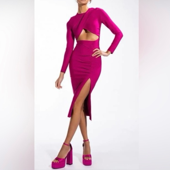 NWT AKIRA Cut Out Bandage Long Sleeve Midi Dress Dark Pink Small - Picture 9 of 16